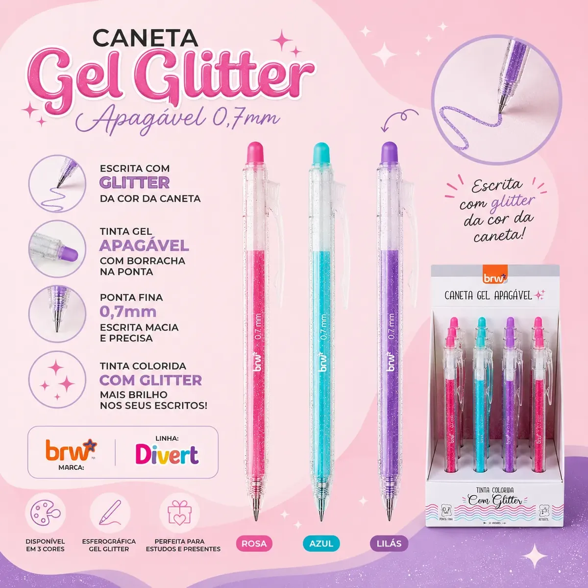 Caneta esferográfica divert GEL apagável 0.7MM - GLITTER -BRW